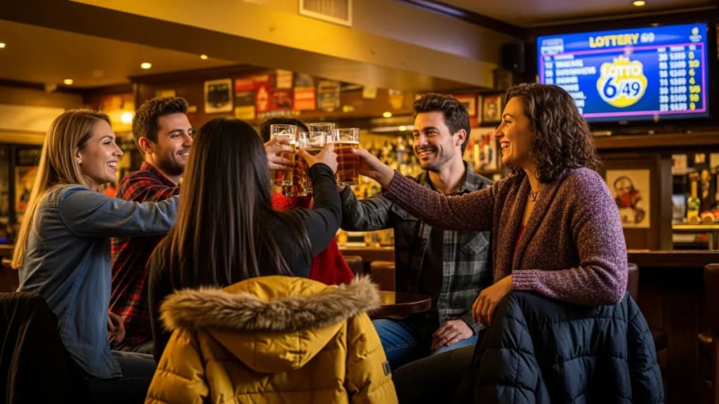 otto 649 winner — diverse group of friends celebrating a lottery win in a Canadian pub